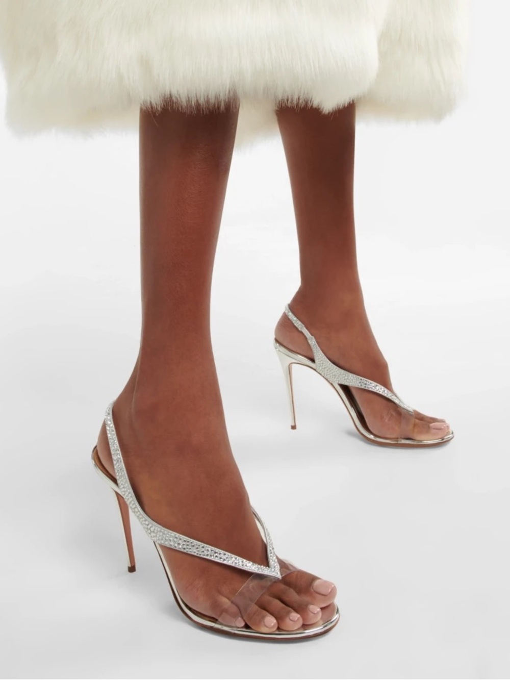 Aquazzura Izzy 105 Crystal Slingback Sandals PVC Silver Heels Size 38 8 New